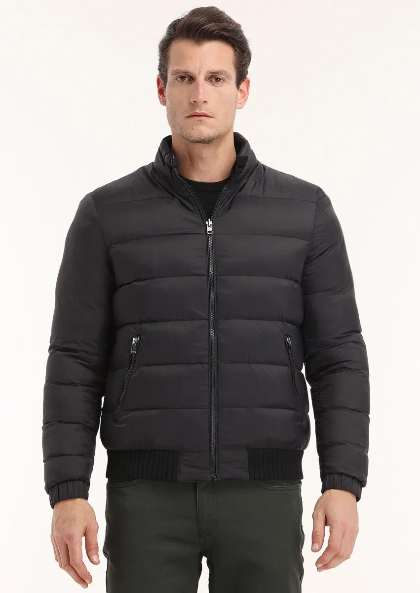 Siyah Regular Fit Dik Yaka Casual Dokuma Mont - 3