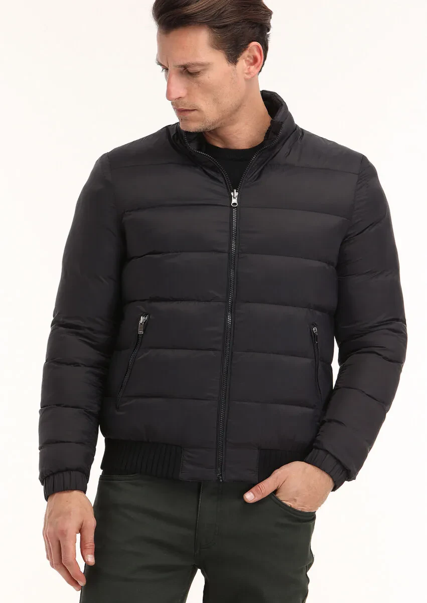 Siyah Regular Fit Dik Yaka Casual Dokuma Mont - 9