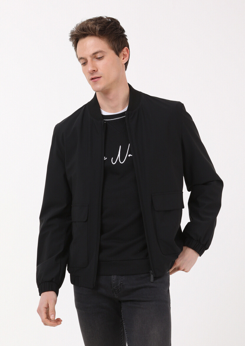 Siyah Regular Fit Dik Yaka Casual Dokuma Mont - 1