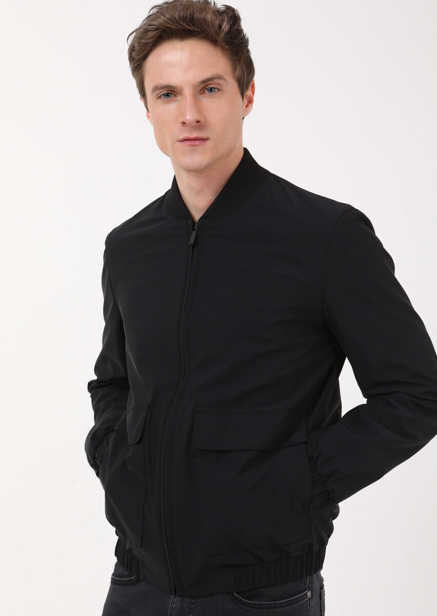 Siyah Regular Fit Dik Yaka Casual Dokuma Mont - 2