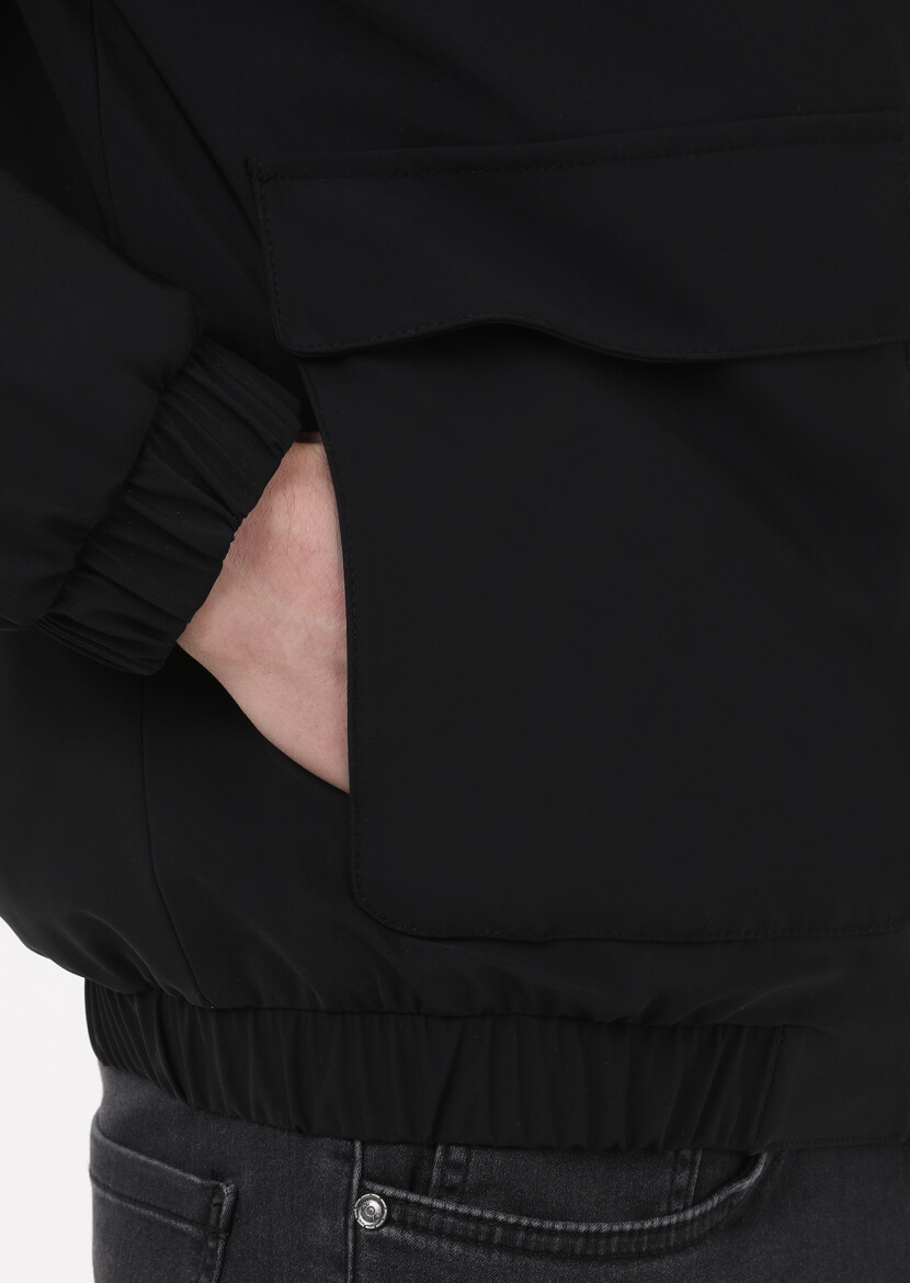 Siyah Regular Fit Dik Yaka Casual Dokuma Mont - 3