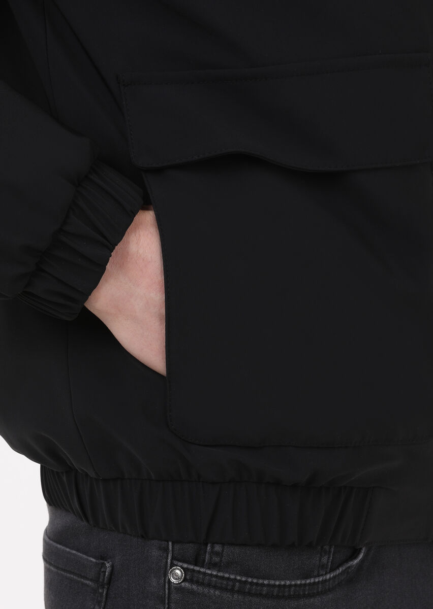 Siyah Regular Fit Dik Yaka Casual Dokuma Mont - 3