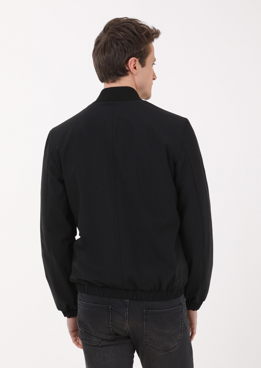 Siyah Regular Fit Dik Yaka Casual Dokuma Mont - 4
