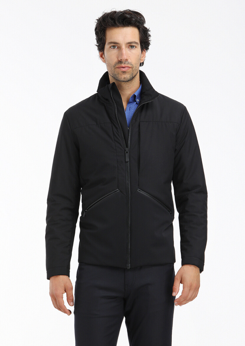Siyah Regular Fit Dik Yaka Casual Dokuma Mont - 2