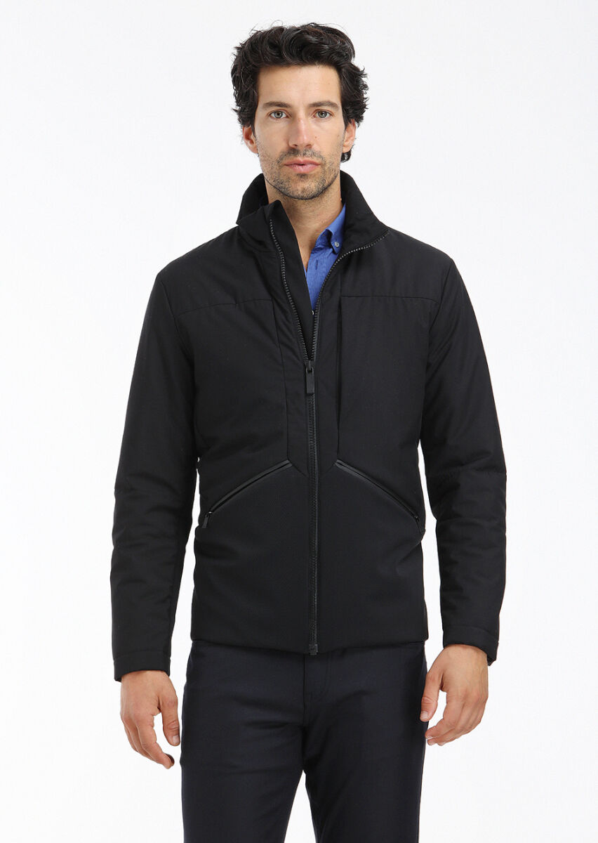 Siyah Regular Fit Dik Yaka Casual Dokuma Mont - 2