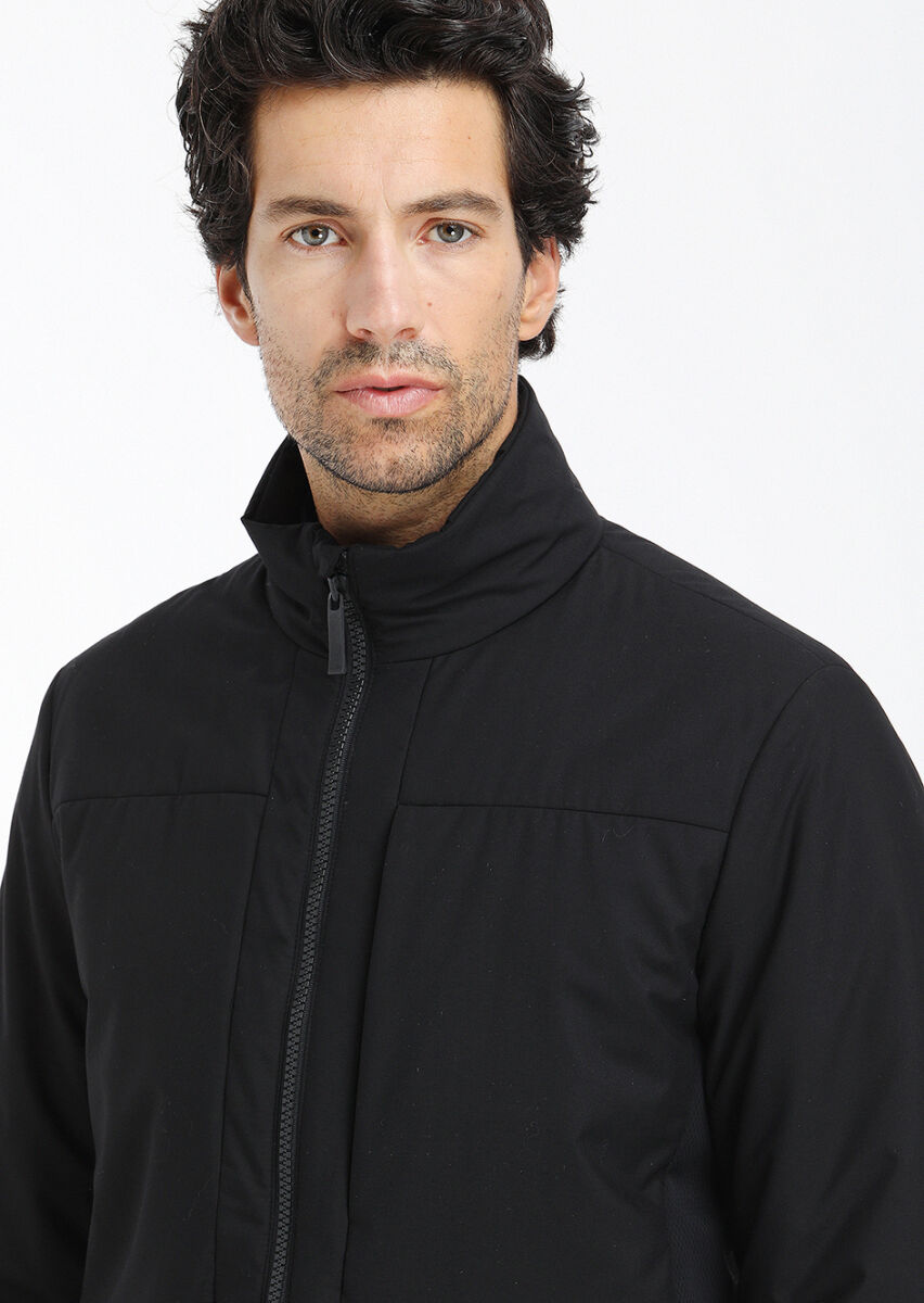 Siyah Regular Fit Dik Yaka Casual Dokuma Mont - 5