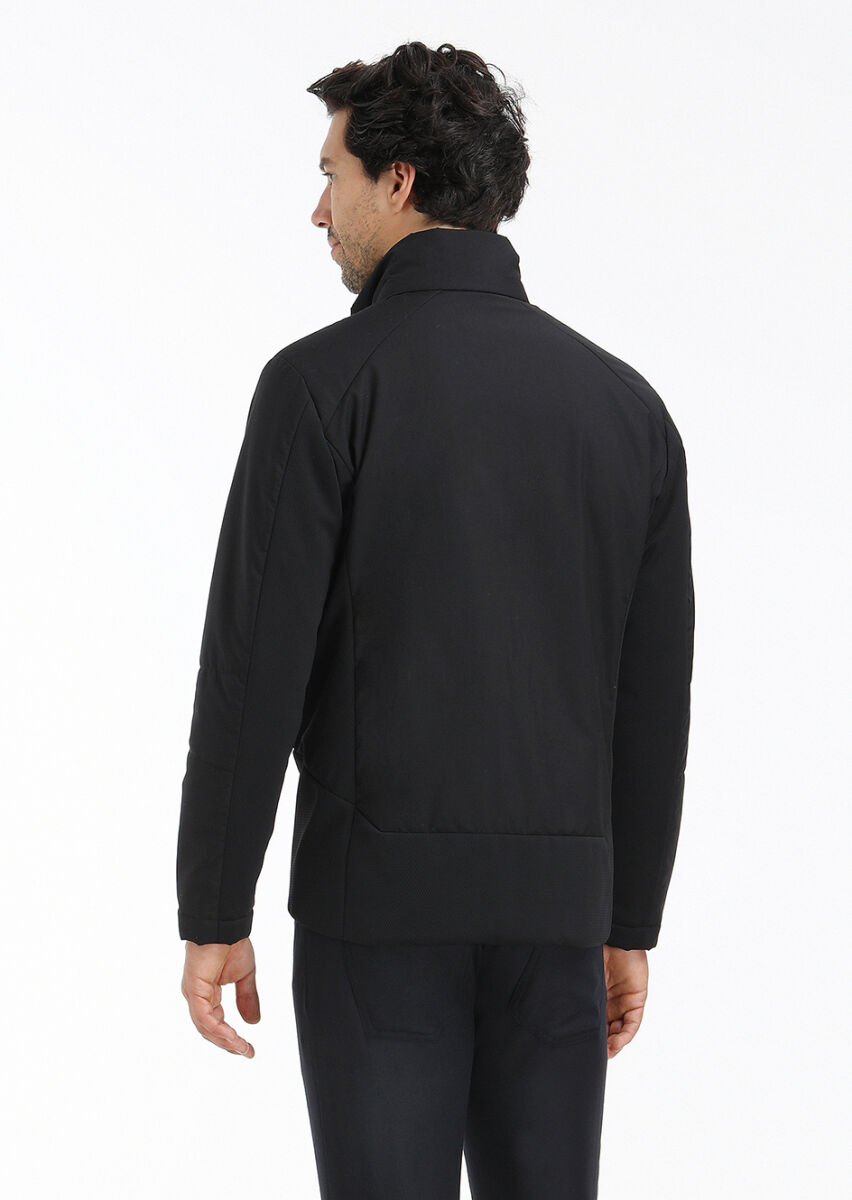 Siyah Regular Fit Dik Yaka Casual Dokuma Mont - 6