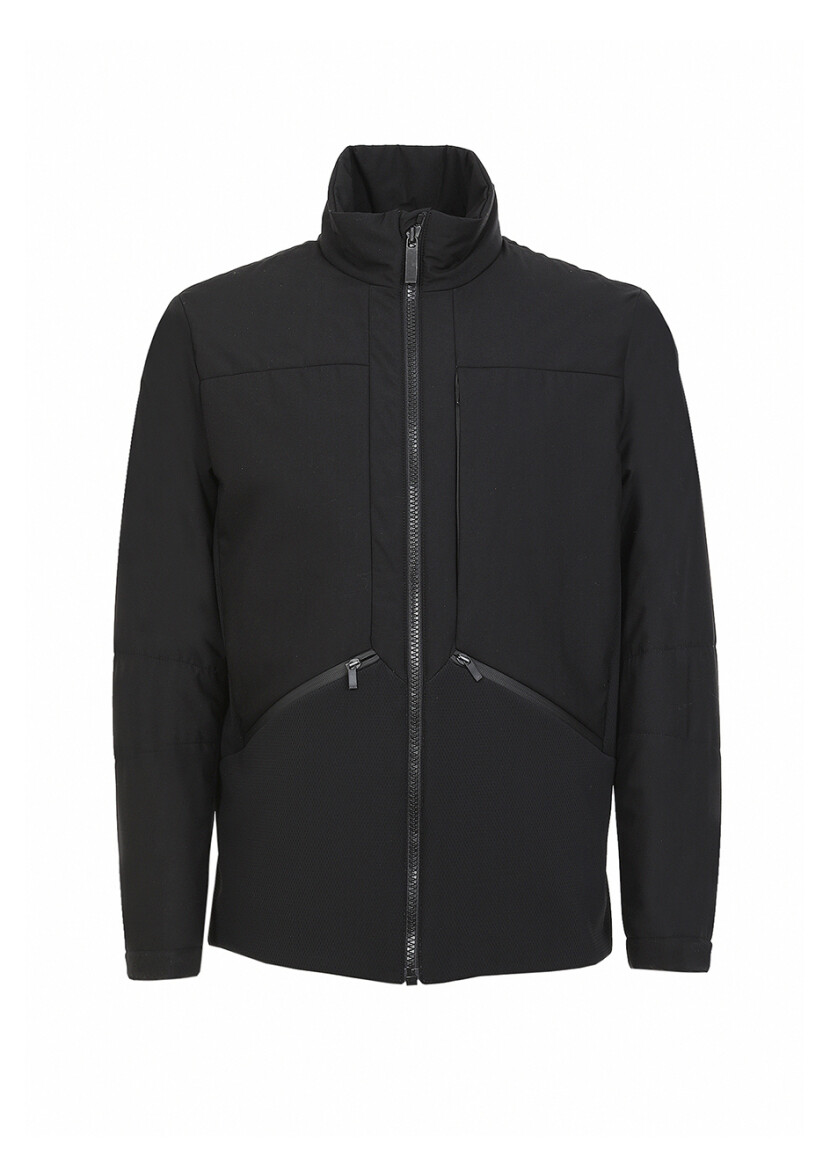 Siyah Regular Fit Dik Yaka Casual Dokuma Mont - 7