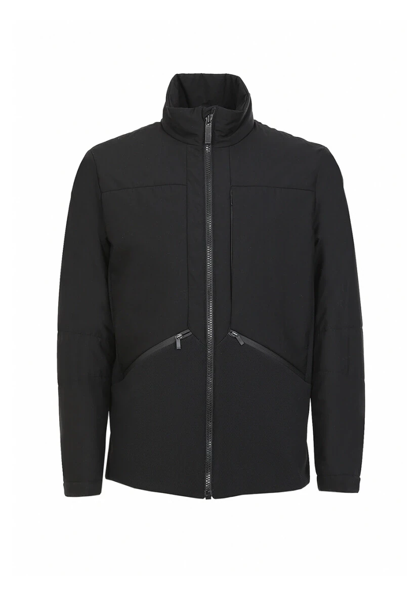 Siyah Regular Fit Dik Yaka Casual Dokuma Mont - 7