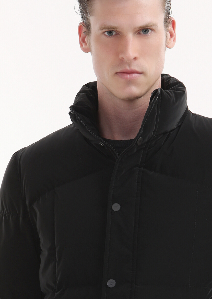 Siyah Regular Fit Dik Yaka Casual Dokuma Mont - 5
