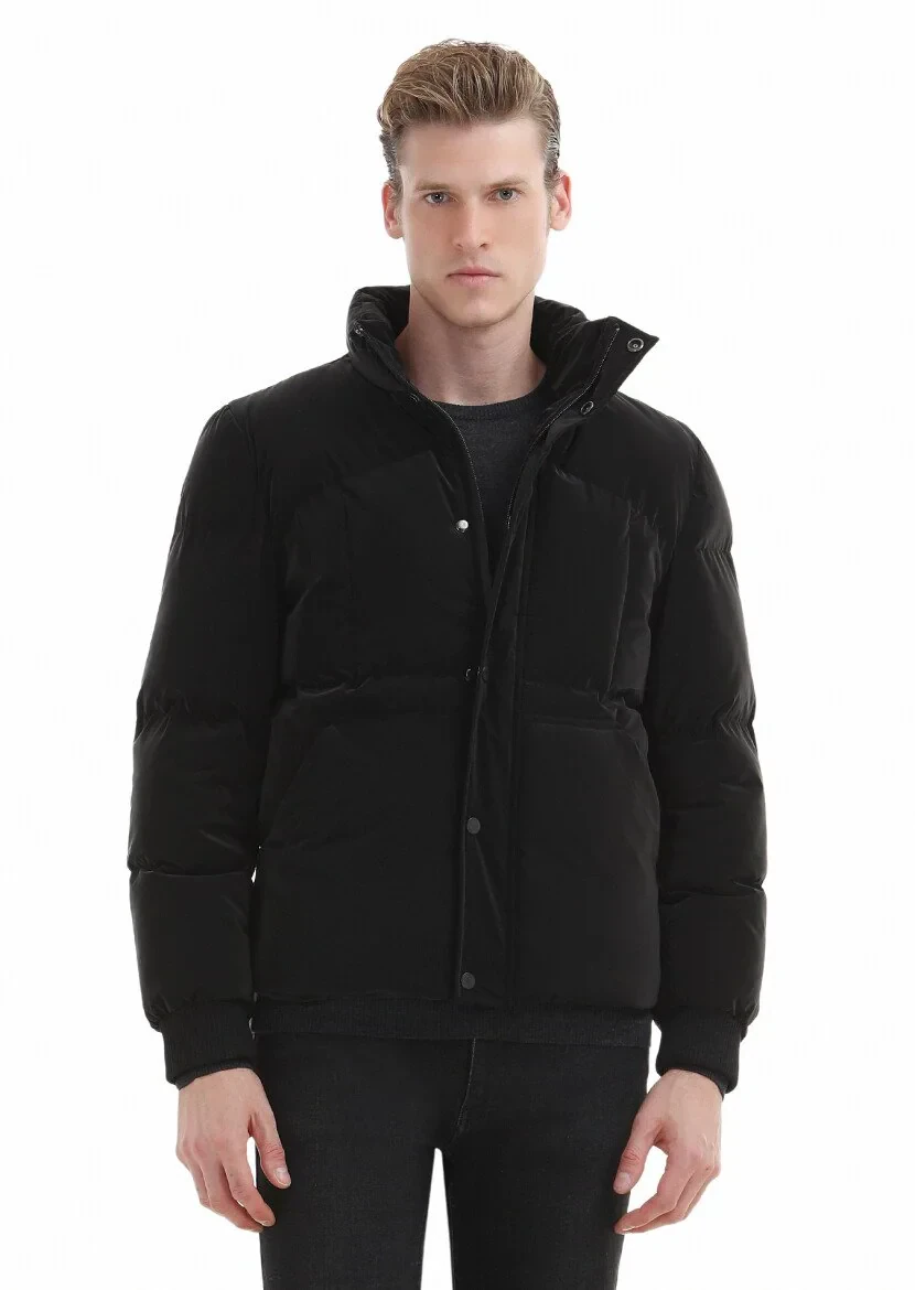 Siyah Regular Fit Dik Yaka Casual Dokuma Mont - 3