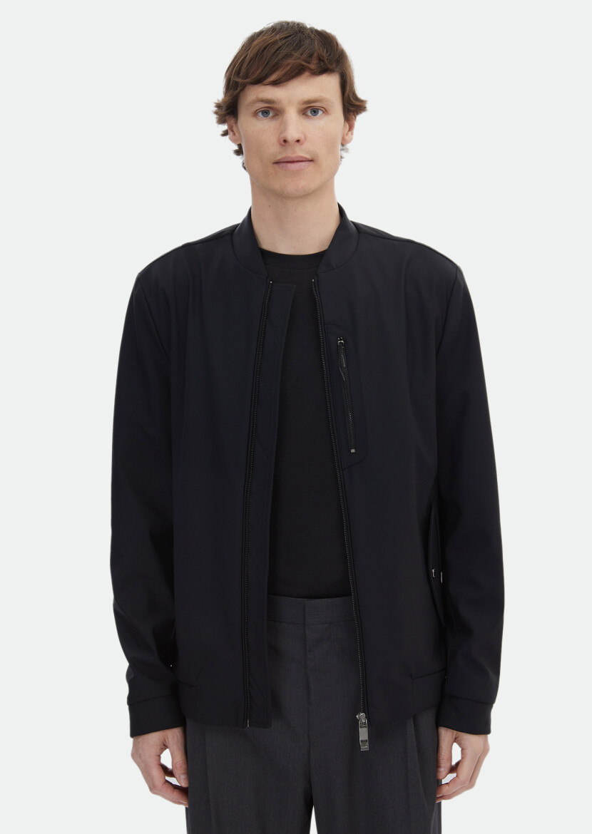 Siyah Regular Fit Dik Yaka Casual Dokuma Mont - 1