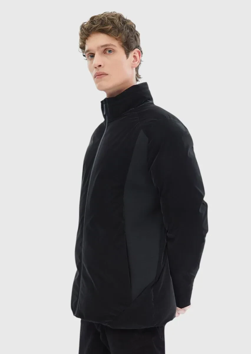 Siyah Regular Fit Dik Yaka Casual Dokuma Mont - 4