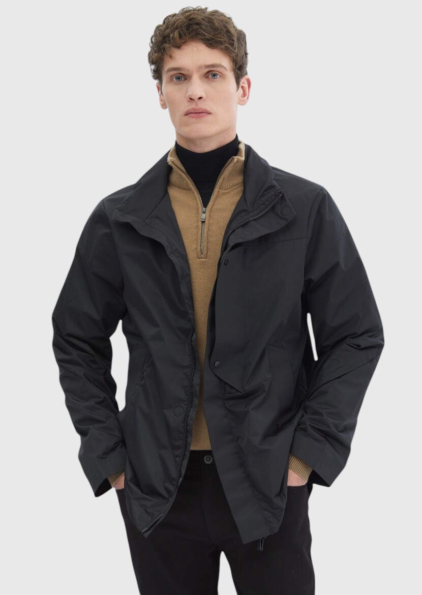 Siyah Regular Fit Dik Yaka Casual Dokuma Mont - 1