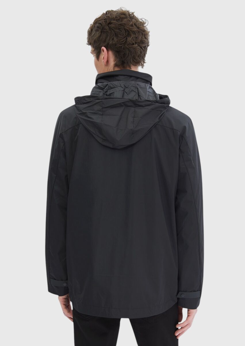 Siyah Regular Fit Dik Yaka Casual Dokuma Mont - 7