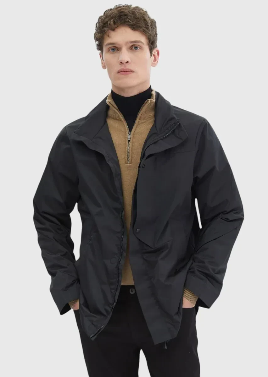 Siyah Regular Fit Dik Yaka Casual Dokuma Mont - 1