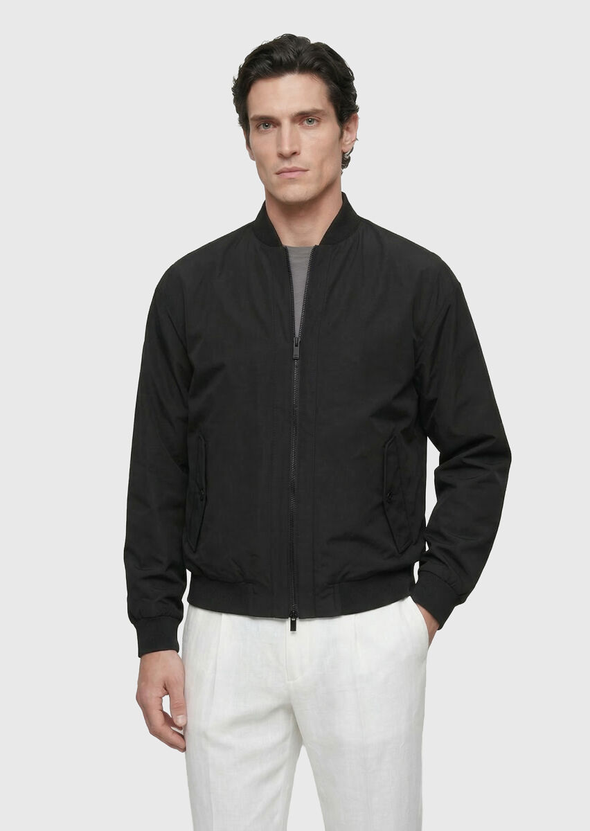 Siyah Regular Fit Dik Yaka Casual Dokuma Mont - 1