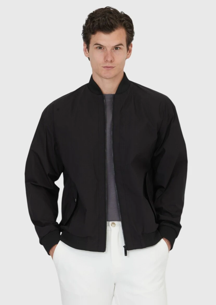Siyah Regular Fit Dik Yaka Casual Dokuma Mont - 1