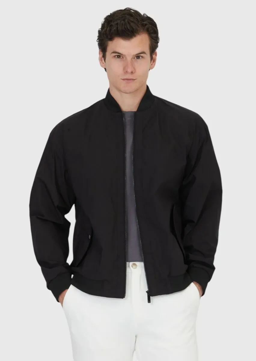 Siyah Regular Fit Dik Yaka Casual Dokuma Mont - 1