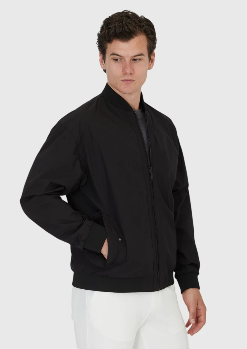 Siyah Regular Fit Dik Yaka Casual Dokuma Mont - 3