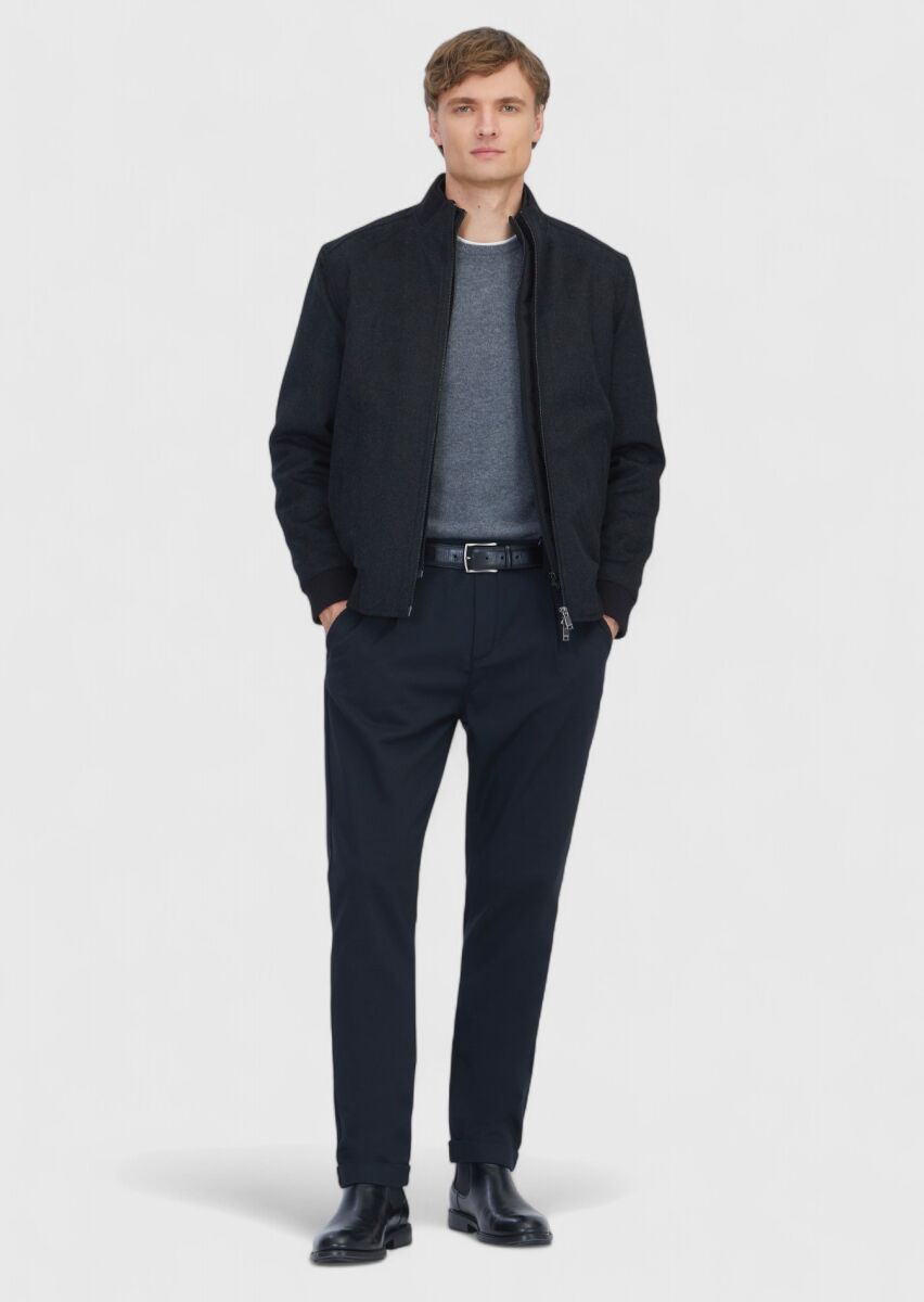 Siyah Regular Fit Dik Yaka Casual Dokuma Mont - 2