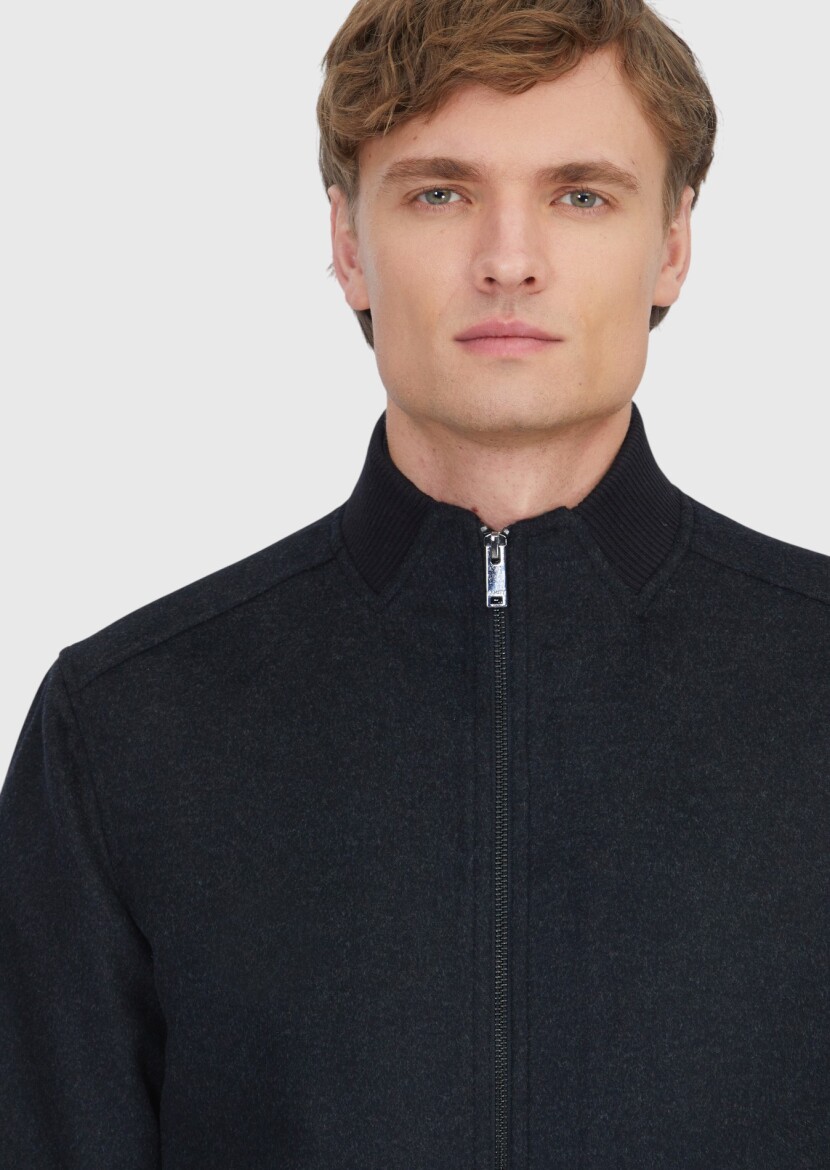 Siyah Regular Fit Dik Yaka Casual Dokuma Mont - 3
