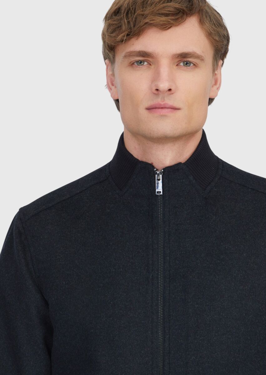 Siyah Regular Fit Dik Yaka Casual Dokuma Mont - 3