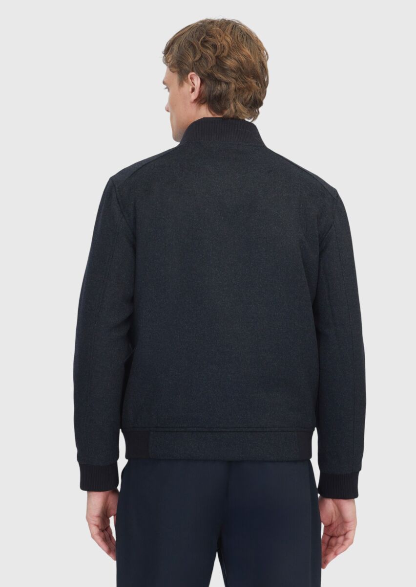 Siyah Regular Fit Dik Yaka Casual Dokuma Mont - 7