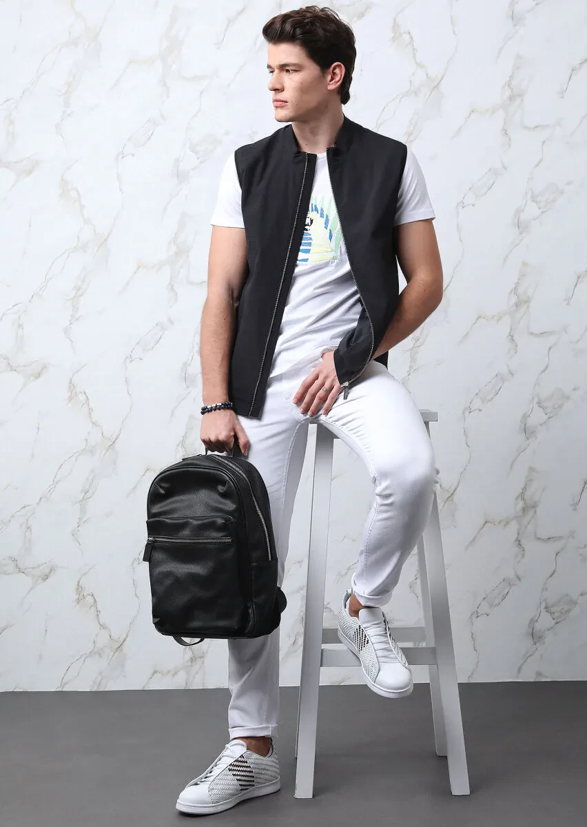 Siyah Regular Fit Dik Yaka Casual Dokuma Spor Yelek - 1