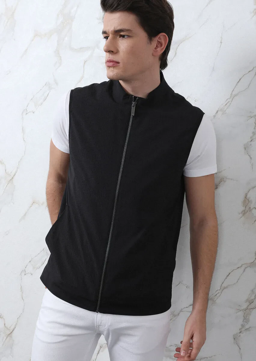 Siyah Regular Fit Dik Yaka Casual Dokuma Spor Yelek - 4
