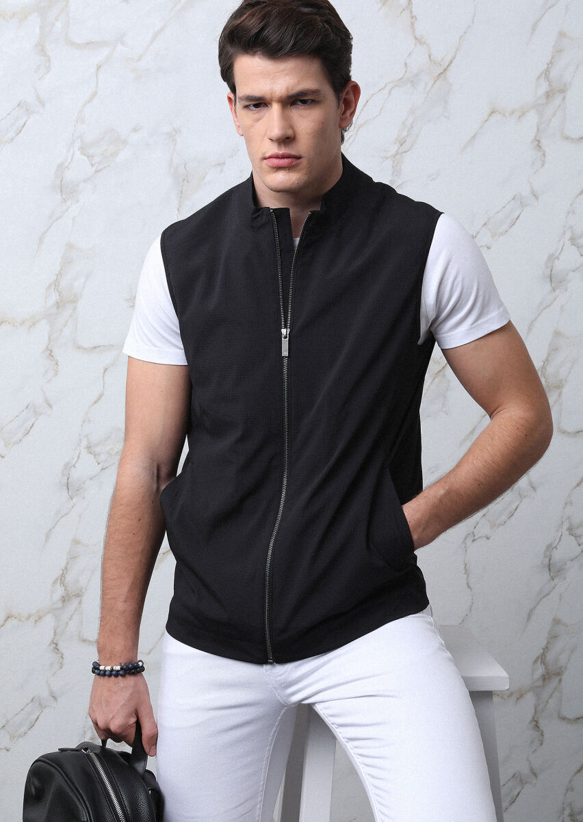 Siyah Regular Fit Dik Yaka Casual Dokuma Spor Yelek - 3
