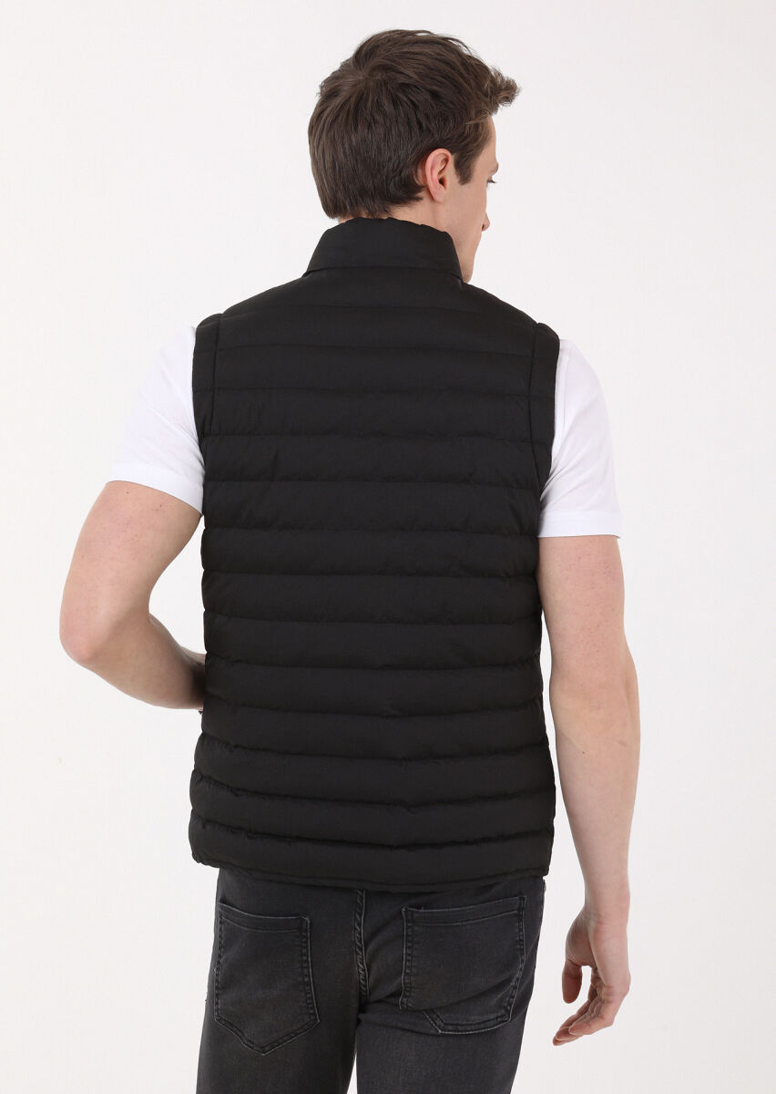 Siyah Regular Fit Dik Yaka Casual Dokuma Spor Yelek - 5