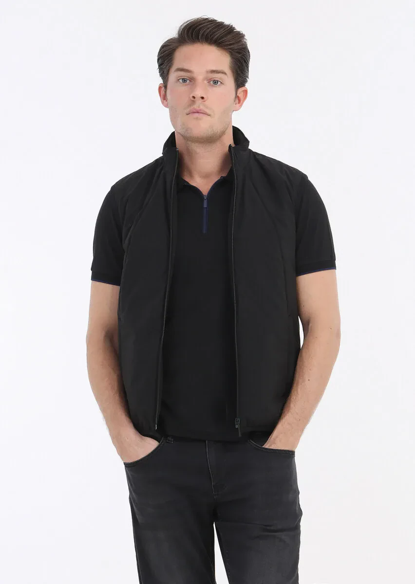 Siyah Regular Fit Dik Yaka Casual Dokuma Spor Yelek - 3