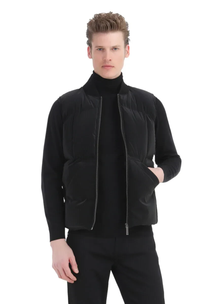 Siyah Regular Fit Dik Yaka Casual Dokuma Spor Yelek - 1