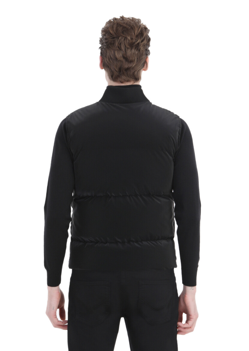 Siyah Regular Fit Dik Yaka Casual Dokuma Spor Yelek - 5