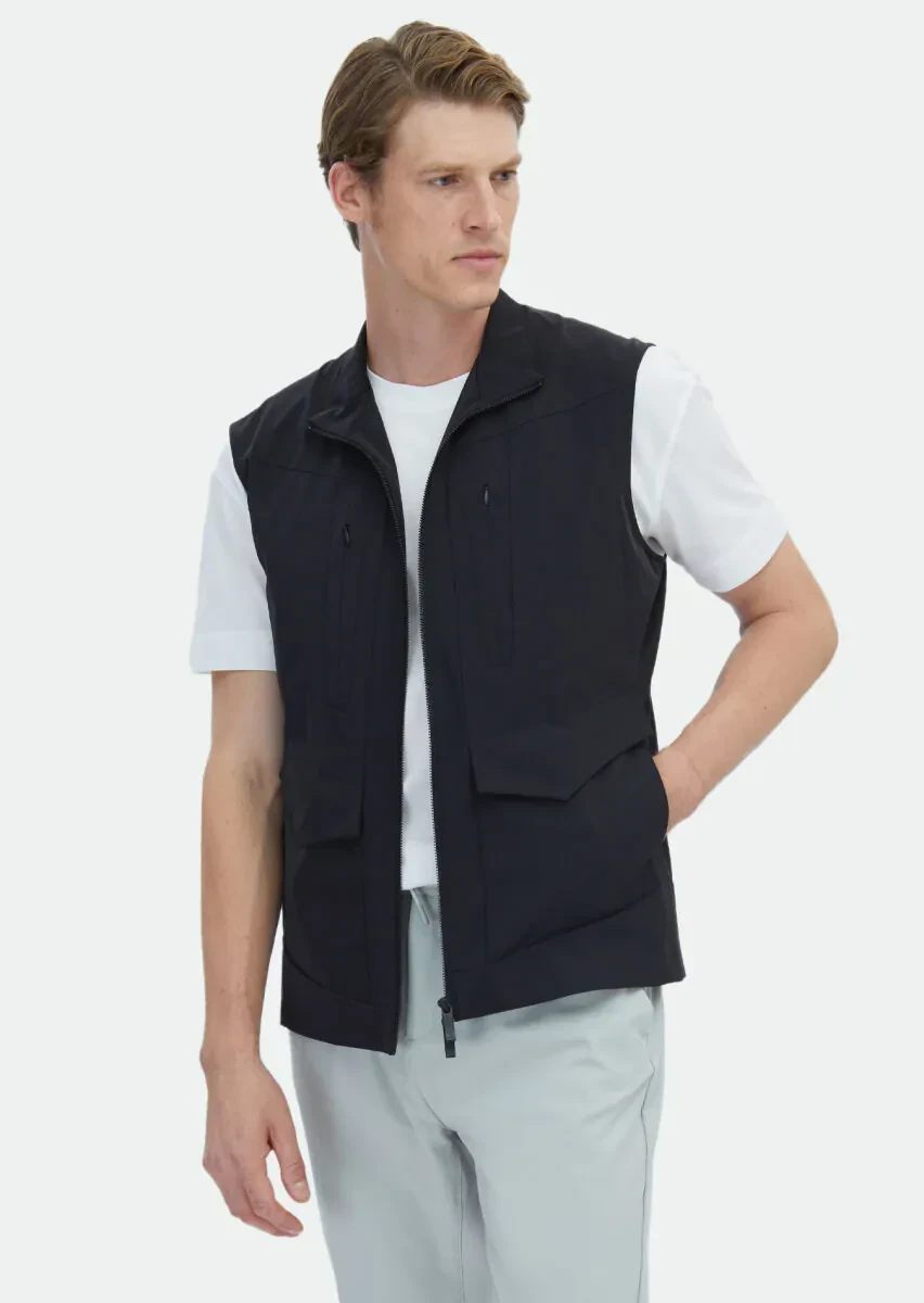Siyah Regular Fit Dik Yaka Casual Dokuma Spor Yelek - 2