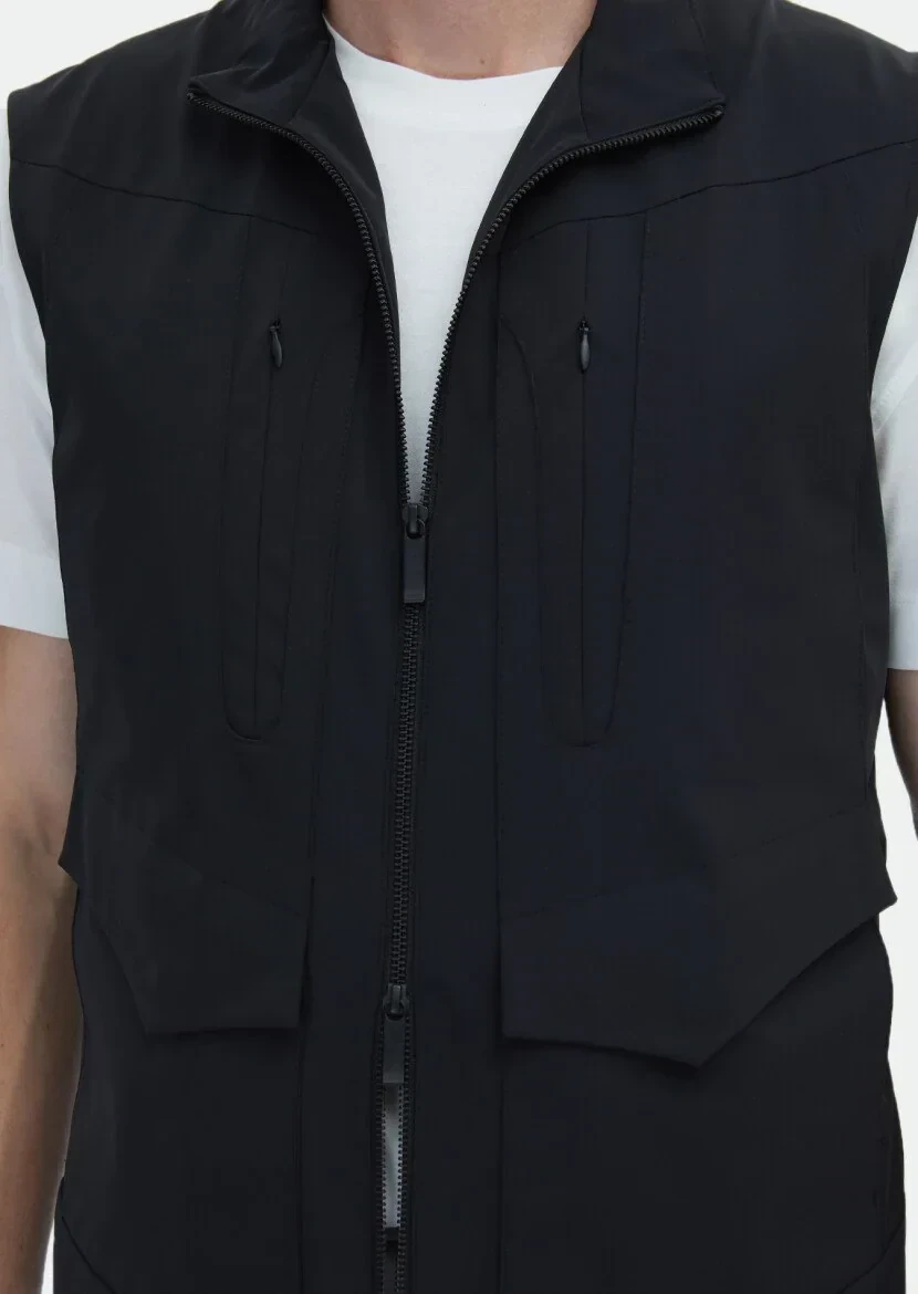 Siyah Regular Fit Dik Yaka Casual Dokuma Spor Yelek - 5