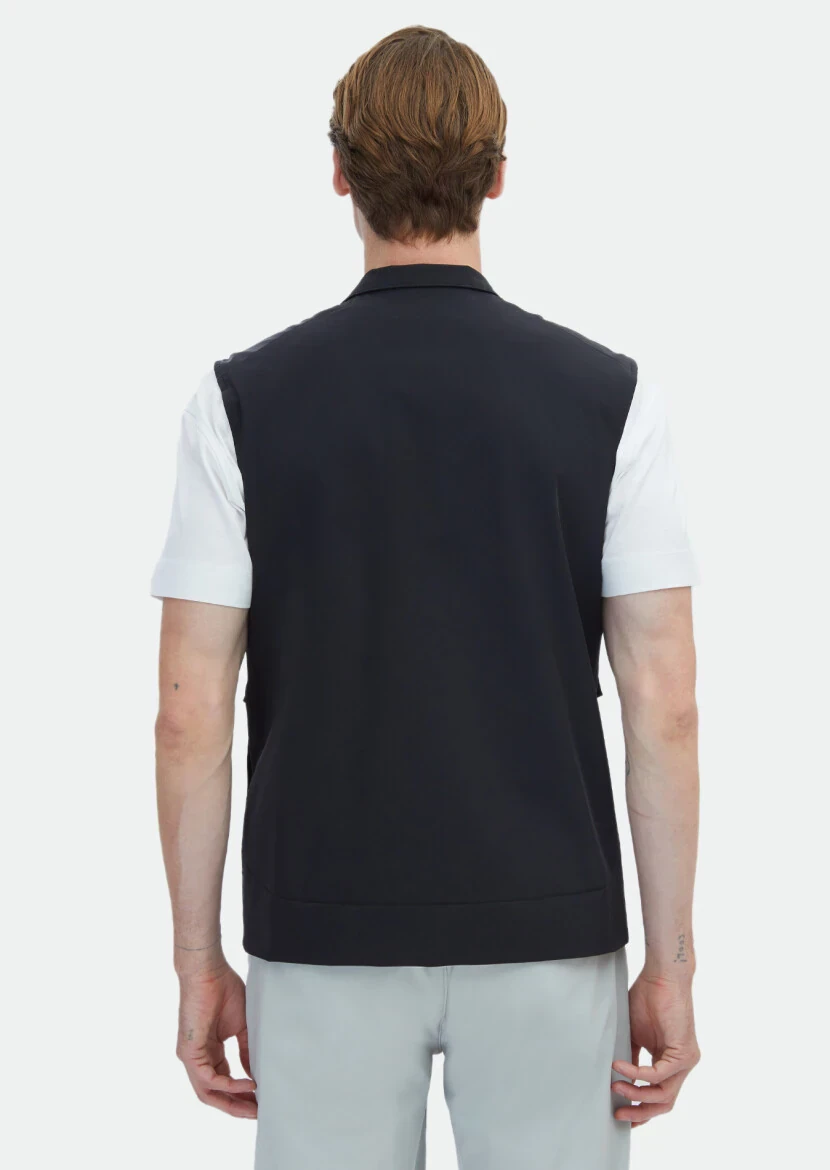 Siyah Regular Fit Dik Yaka Casual Dokuma Spor Yelek - 6