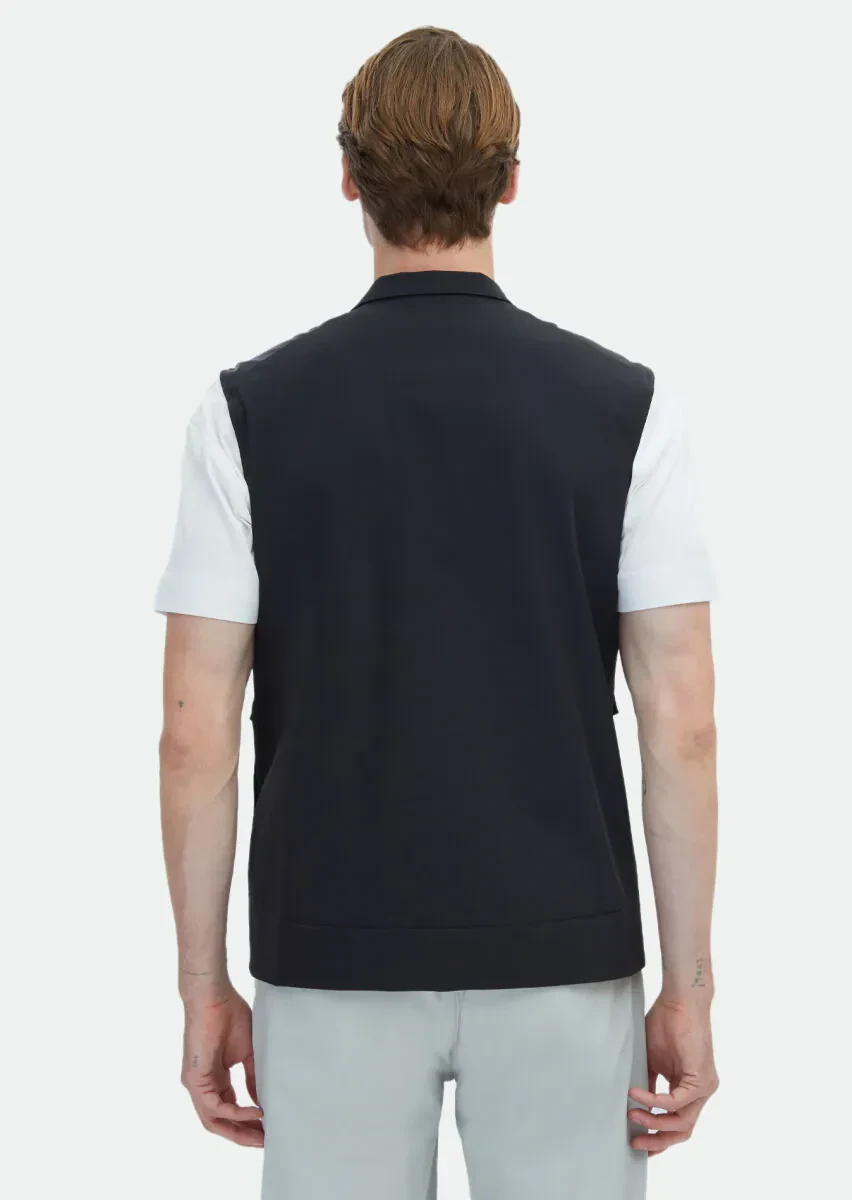 Siyah Regular Fit Dik Yaka Casual Dokuma Spor Yelek - 6