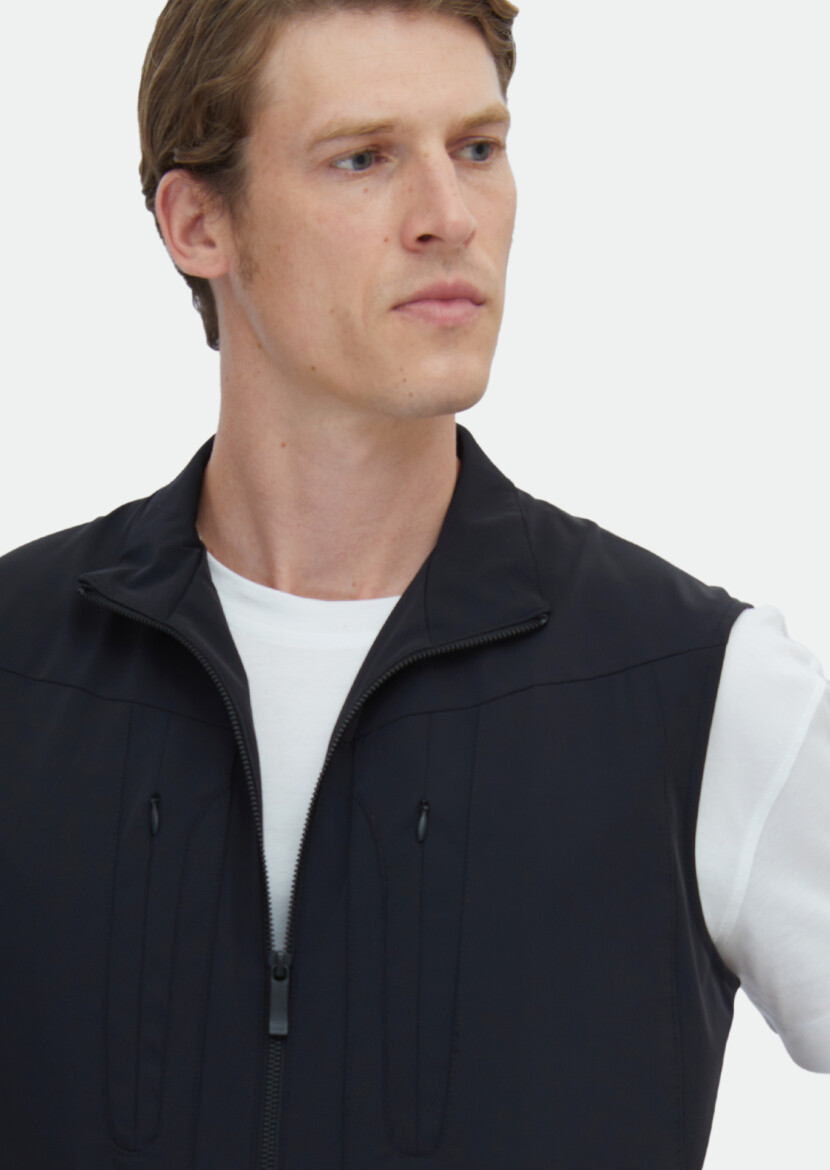 Siyah Regular Fit Dik Yaka Casual Dokuma Spor Yelek - 4