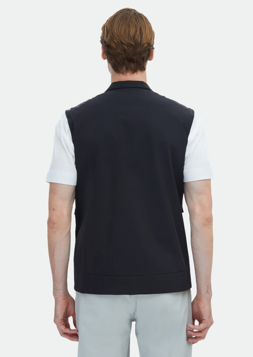 Siyah Regular Fit Dik Yaka Casual Dokuma Spor Yelek - 6