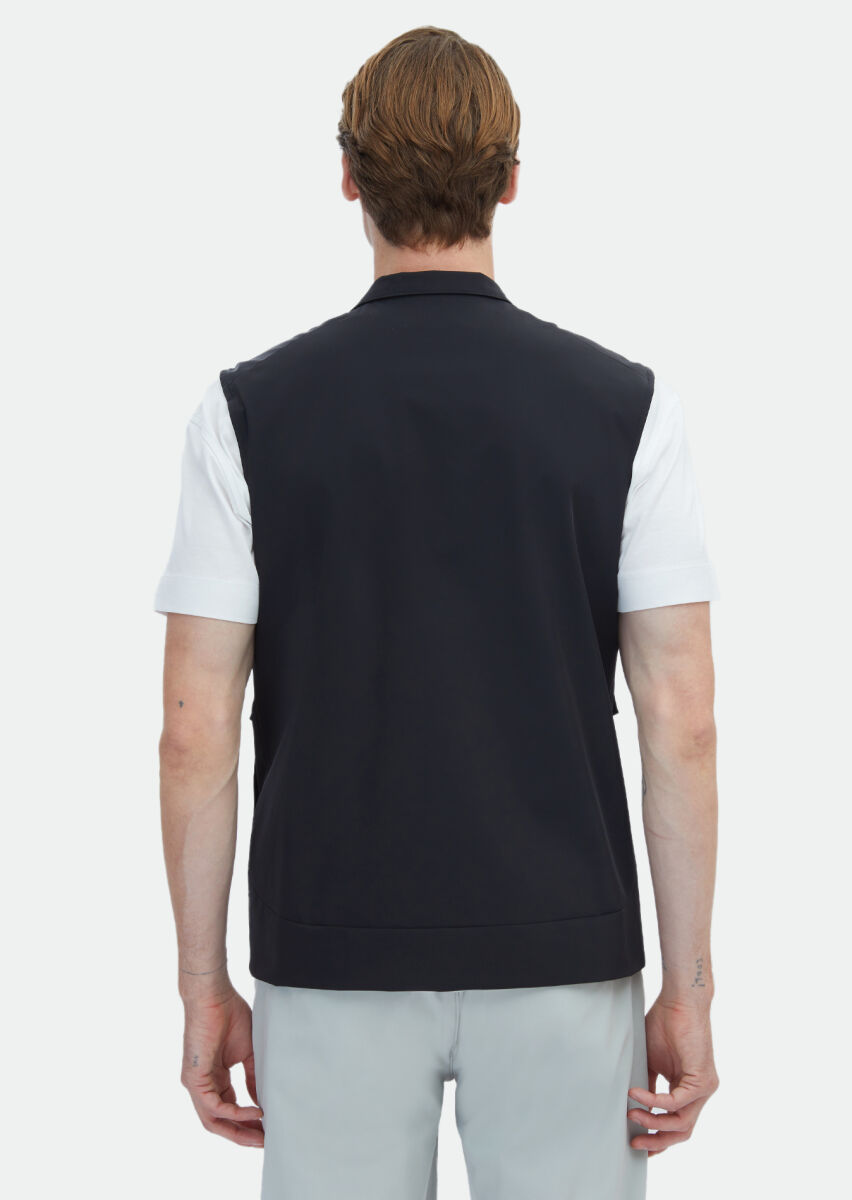 Siyah Regular Fit Dik Yaka Casual Dokuma Spor Yelek - 6