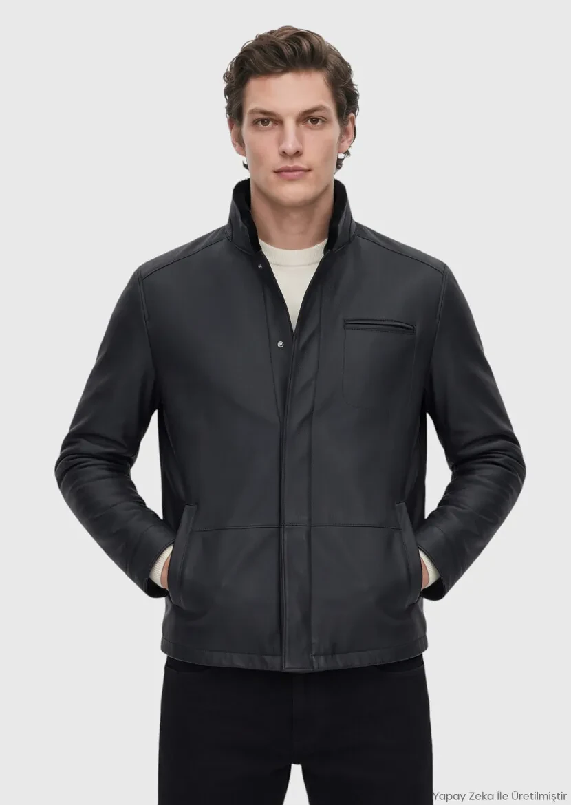 Siyah Regular Fit Dik Yaka Casual Koyun Kürkü Deri Mont - RAMSEY