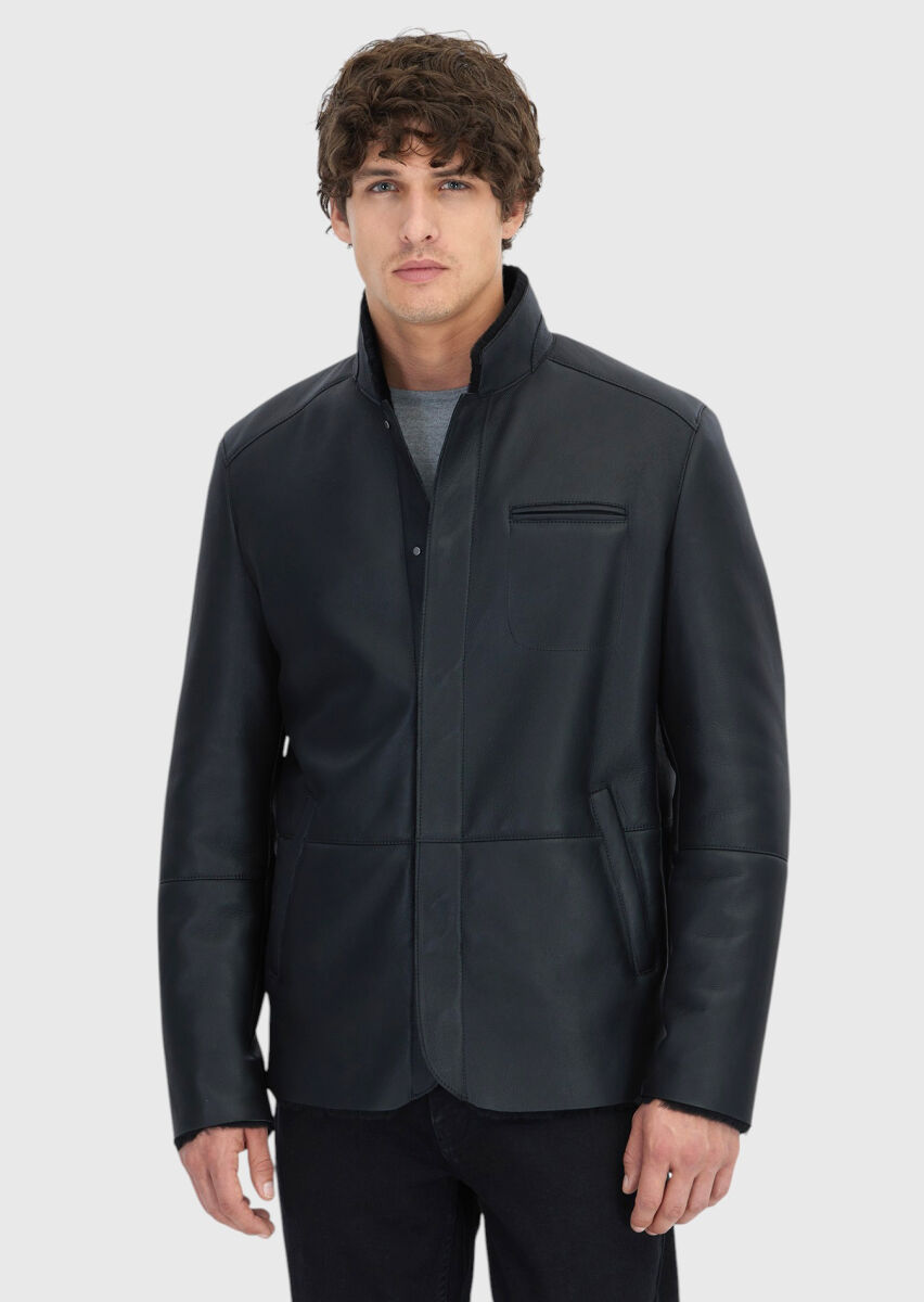 Siyah Regular Fit Dik Yaka Casual Koyun Kürkü Deri Mont - 3