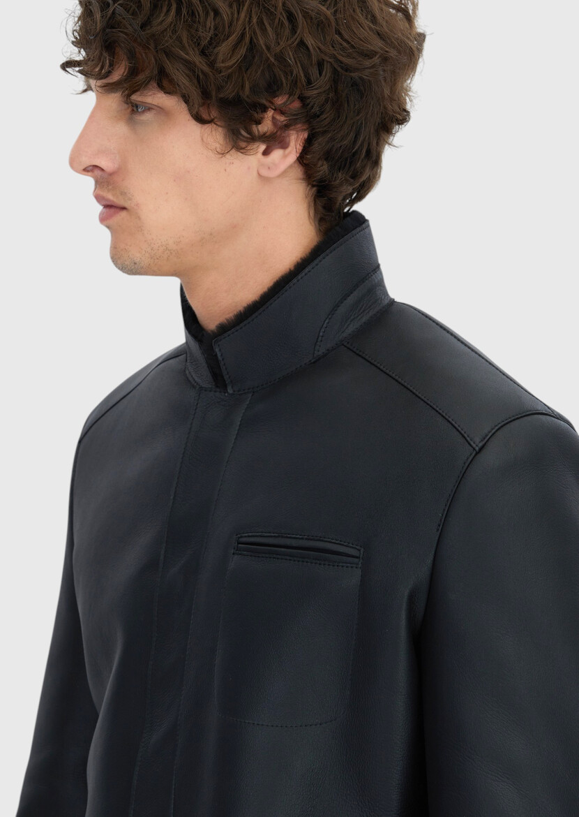 Siyah Regular Fit Dik Yaka Casual Koyun Kürkü Deri Mont - 5