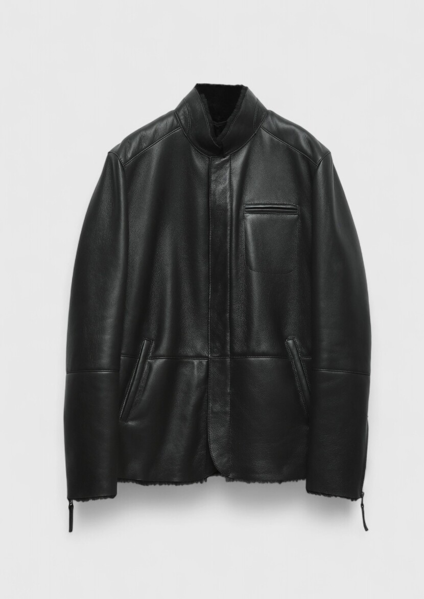 Siyah Regular Fit Dik Yaka Casual Koyun Kürkü Deri Mont - 8