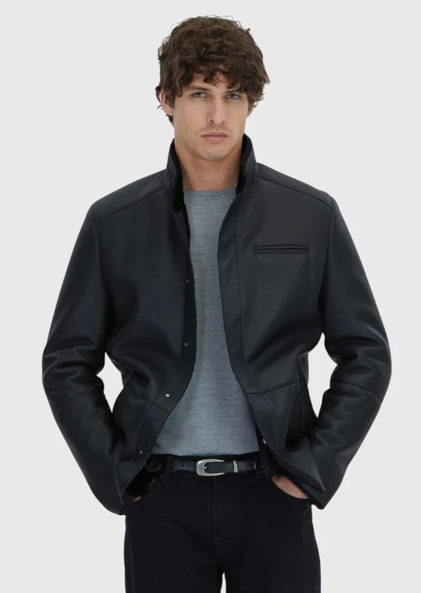 Siyah Regular Fit Dik Yaka Casual Koyun Kürkü Deri Mont - 1