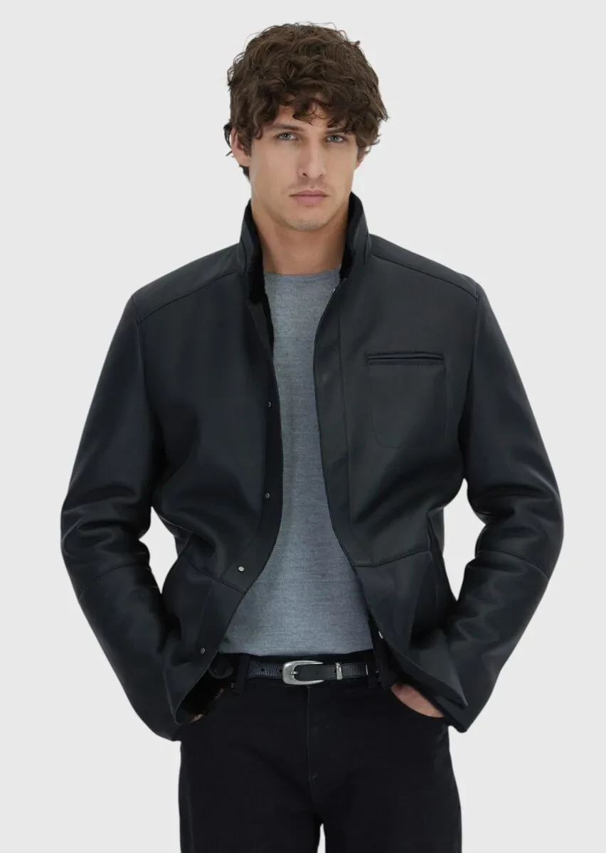 Siyah Regular Fit Dik Yaka Casual Koyun Kürkü Deri Mont - 1
