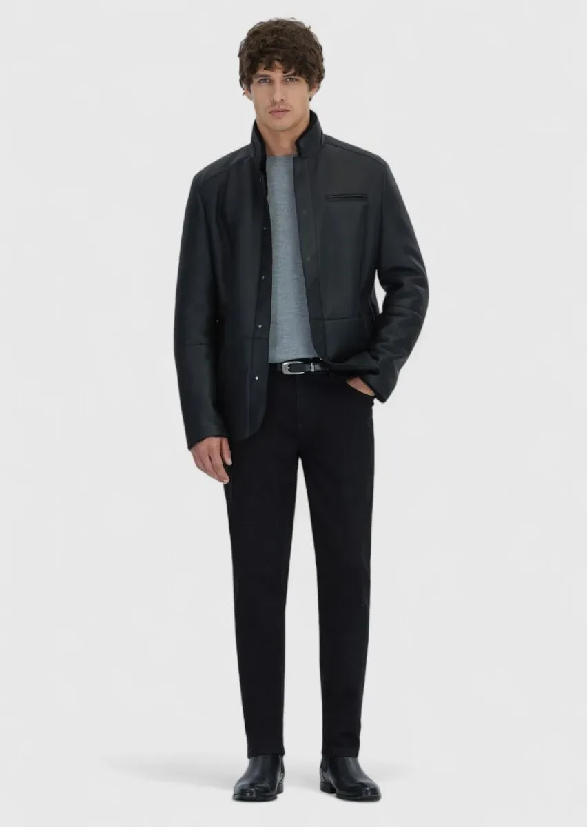 Siyah Regular Fit Dik Yaka Casual Koyun Kürkü Deri Mont - 2