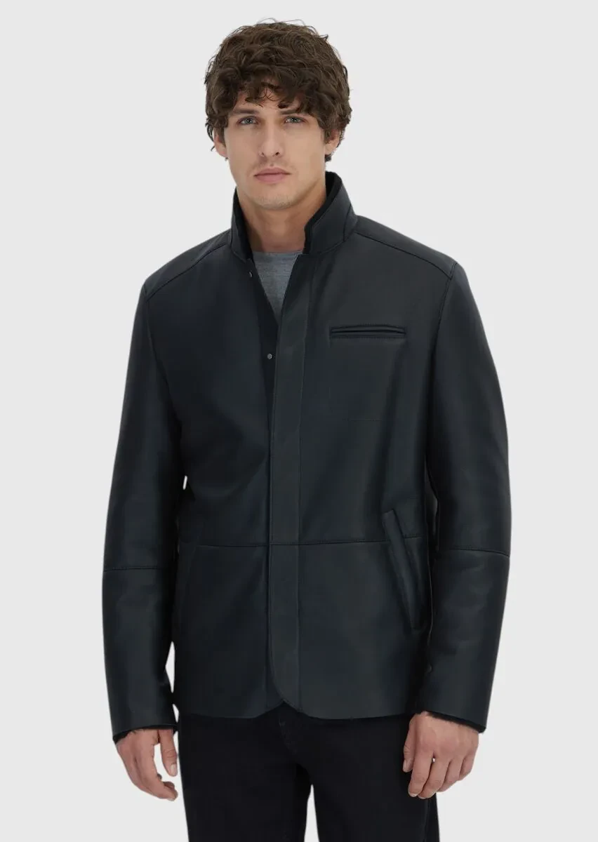 Siyah Regular Fit Dik Yaka Casual Koyun Kürkü Deri Mont - 3
